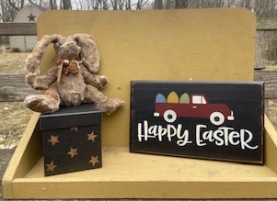 Wooden stenciled Happy Easter sign and primitive rabbit